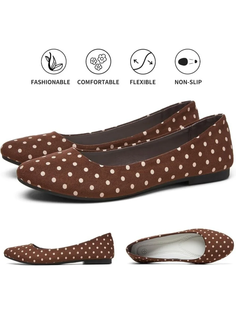 Women's Brown Dot PU Leather Closed Toe Comfortable Flexible Slip On Ballet Flat